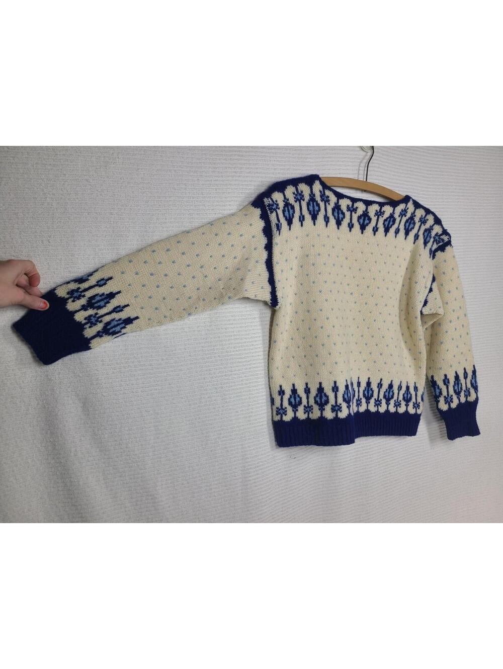 Vintage 60s Norwegian Knit Sweater Women's M Hand Knit Blue Drip Intarsia Norway - Picture 10 of 10